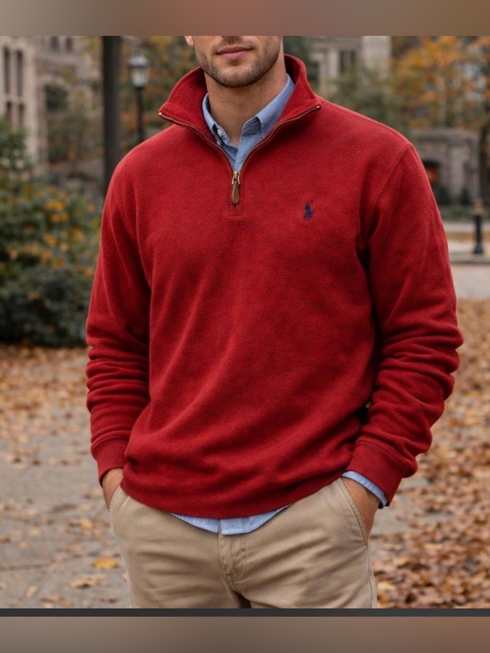 Polo Ralph Lauren Mens Cotton Red Mock Neck Quarter Zip Pullover Sweater Medium